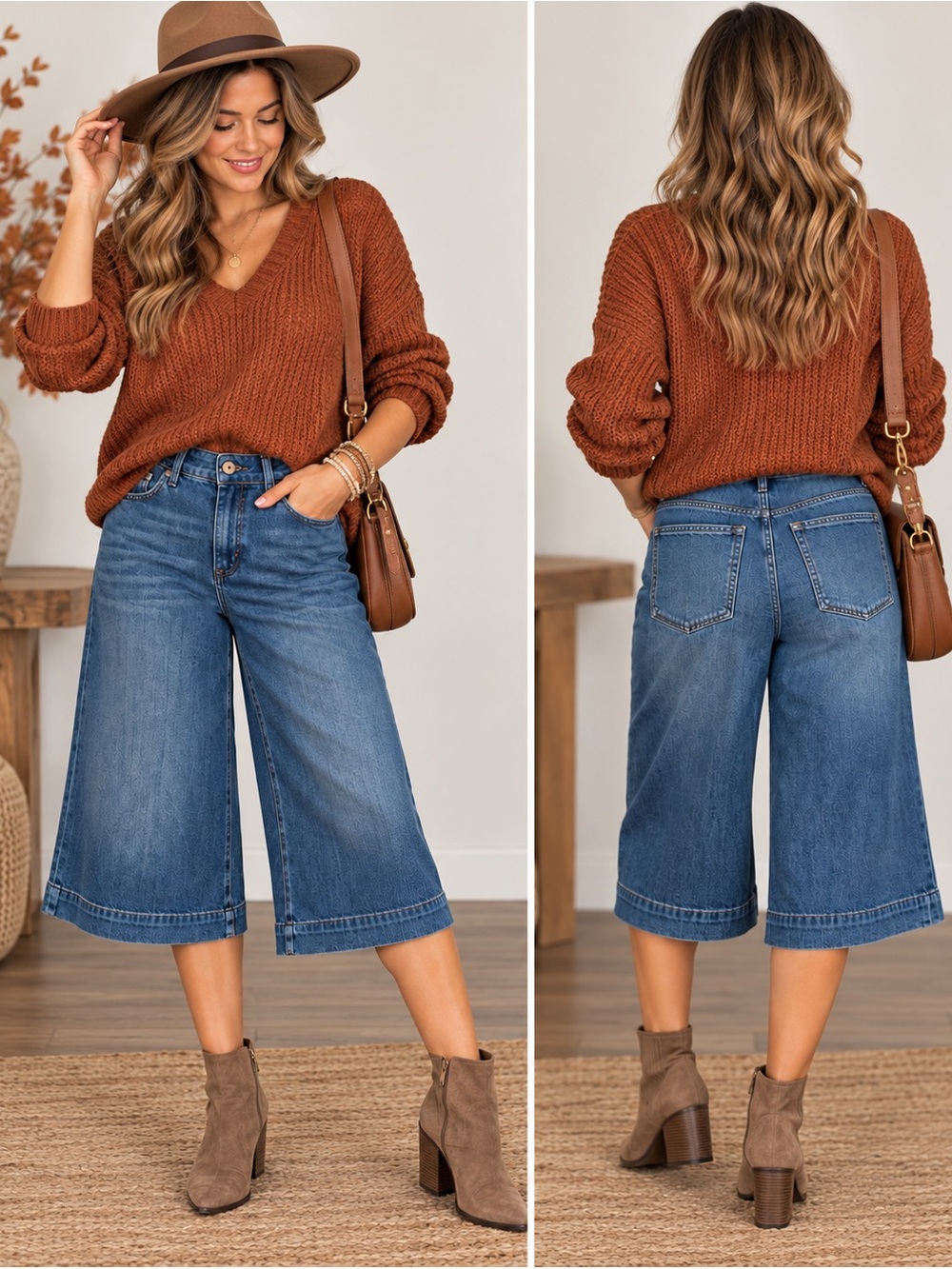 Massimo Dutti High Rise Cropped Length Wide Leg Crop Jeans Culottes